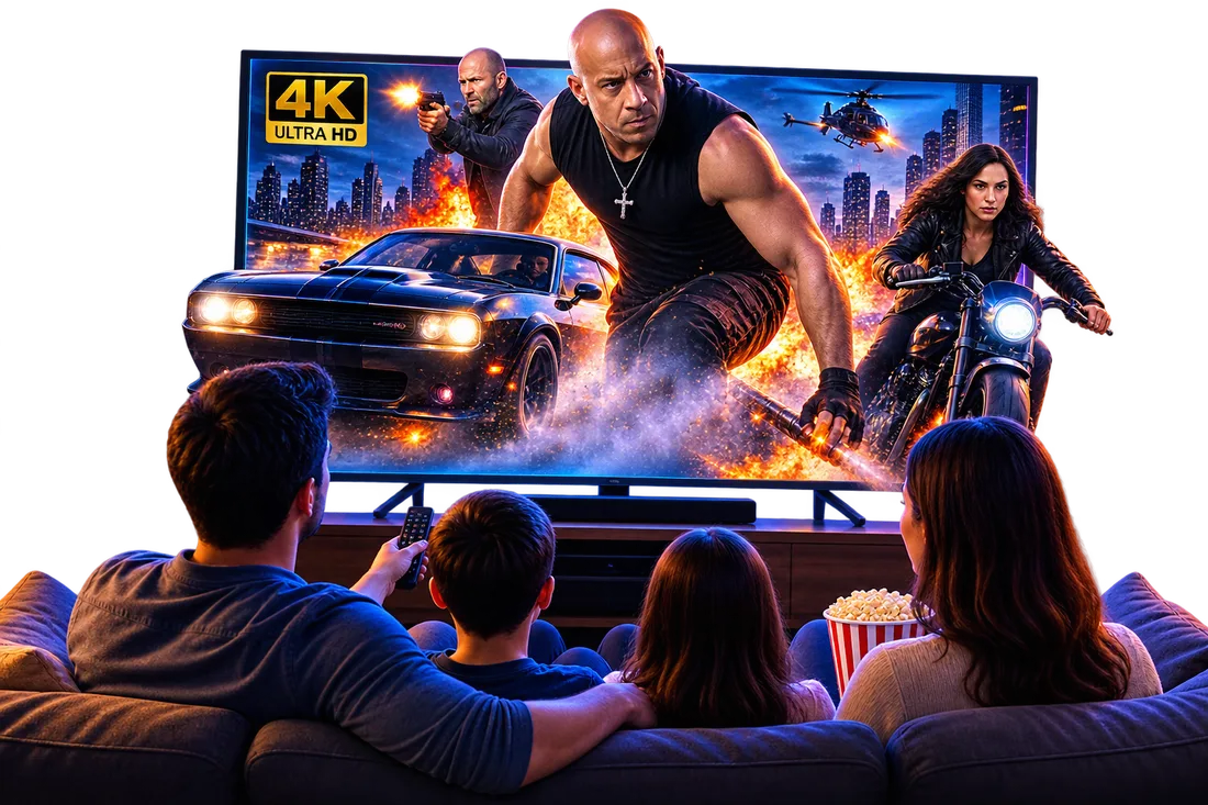 Familie schaut über einen Smart TV einen Film per IPTV