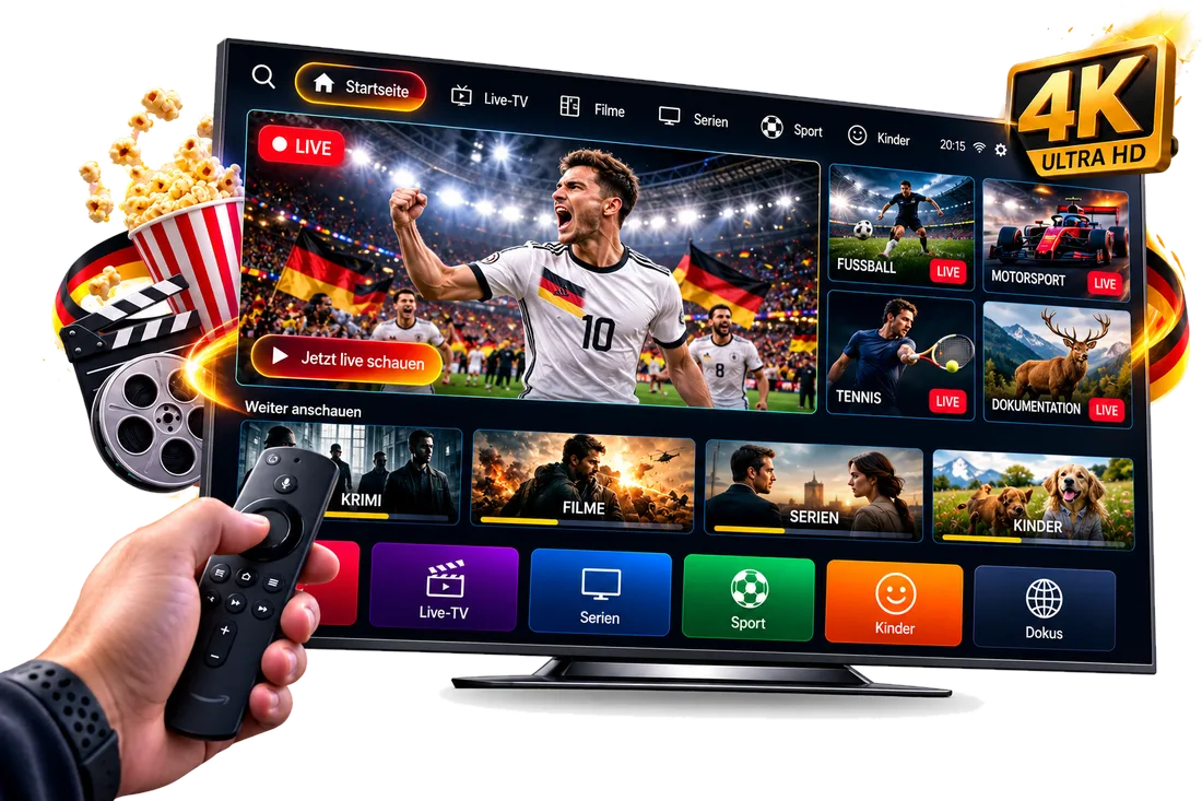 Deutsche IPTV-Oberfläche auf einem Smart TV mit Live-Fußball, Motorsport, Filmen und Serien in 4K