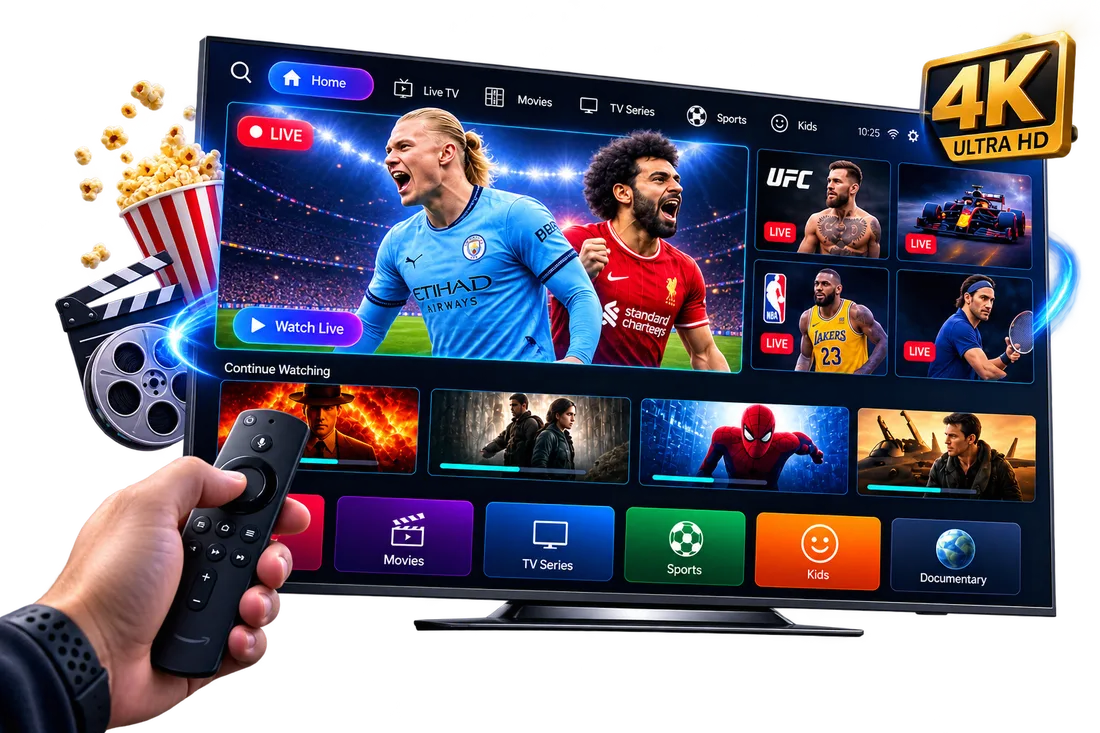 IPTV-Oberfläche mit Live-Sendern und On-Demand-Videos